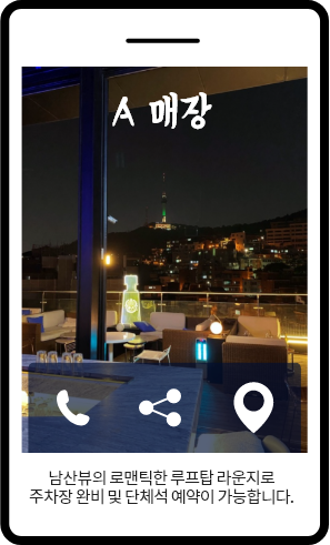 모바일 홈페이지 구현 예시 이미지, A 매장 남산뷰의 로맨틱한 루프탐 라운지로 주차장 완비 및 단체석 예약이 가능합니다.'